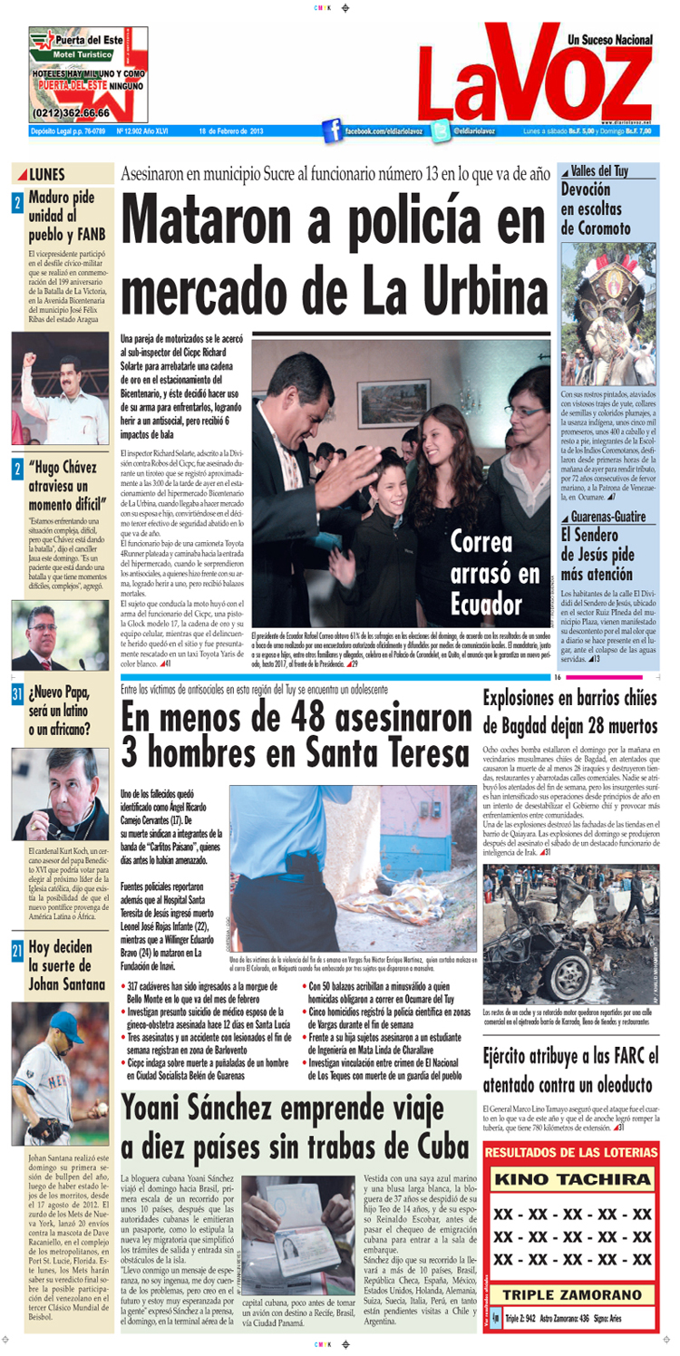 Portadas del lunes 18 de febrero de 2013