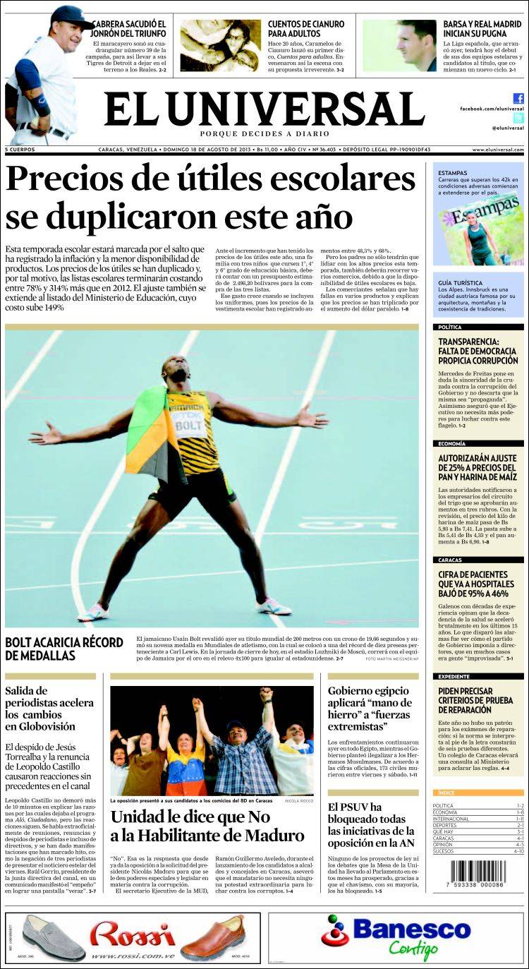 Portadas del domingo 18 de agosto de 2013