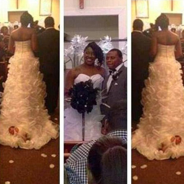 Ató a su bebé recién nacida a su vestido de novia y la arrastró hacia el altar (Foto)