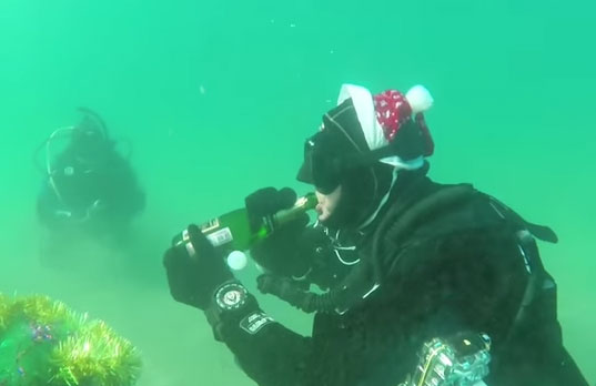 ¡WTF! Beben champán y bailan alrededor de un árbol de Navidad bajo el agua casi congelada (Video)