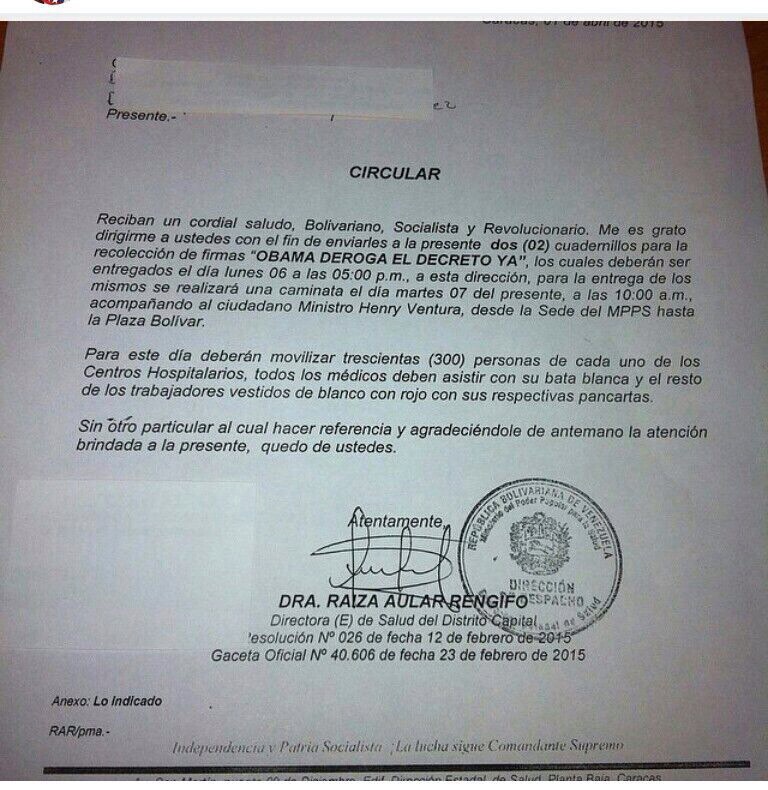 FANB y funcionarios del MinSalud obligados a firmar contra Obama para conservar sus puestos (Documentos)