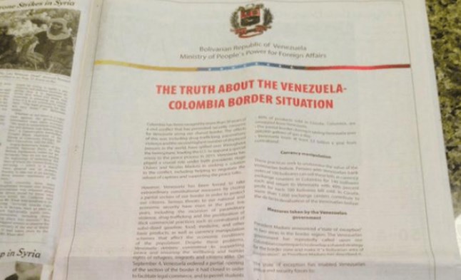 Detestan el New York Times… pero pagaron una página completa = Gobierno bolivariano