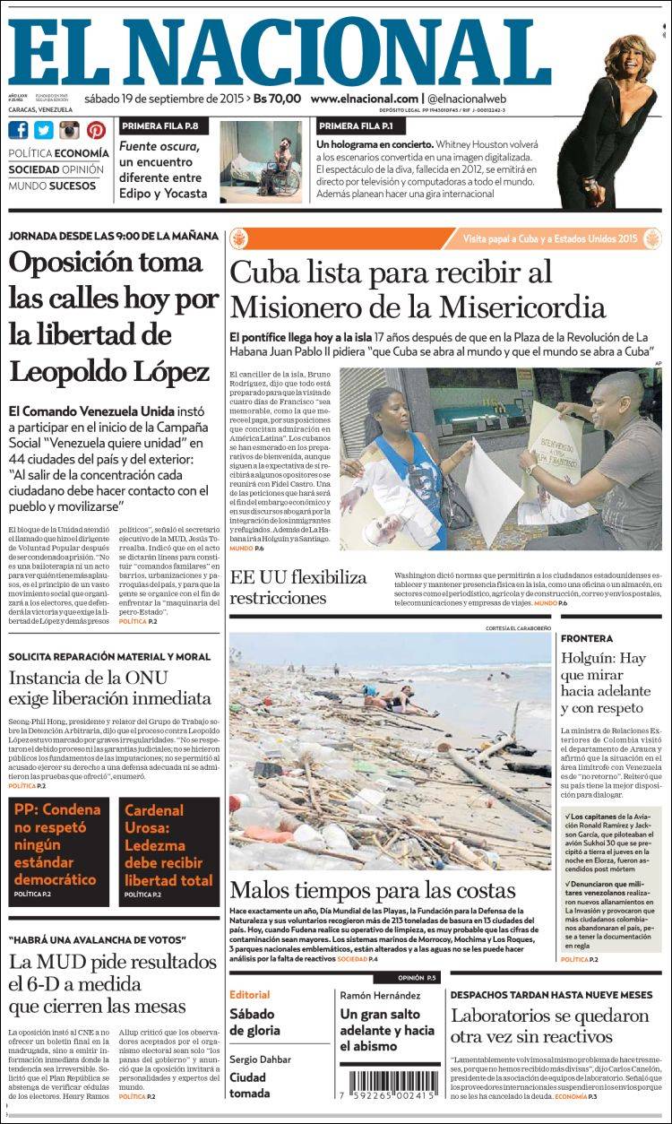 Portadas del sábado 19 de septiembre de 2015