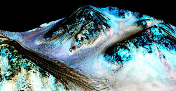 Dark, narrow, 100 meter-long streaks on Mars inferred to have been formed by contemporary flowing water are seen in a NASA handout image