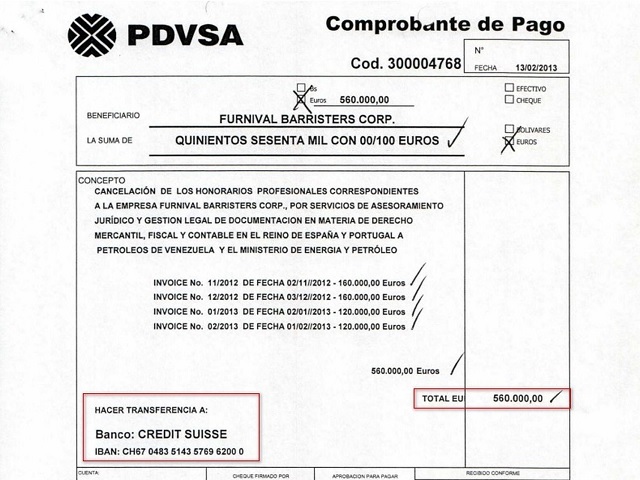 Orden de pago de Pdvsa enviando el dinero a un banco en Suiza