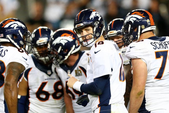 SANTA CLARA, CA - FEBRUARY 07: Peyton Manning #18 of the Denver Broncos looks on in the fourth quarter against the Carolina Panthers during Super Bowl 50 at Levi's Stadium on February 7, 2016 in Santa Clara, California.   Ronald Martinez/Getty Images/AFP