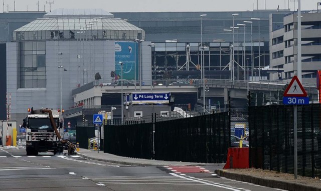 A picture shows Brussels airport in Zaventem on March 24, 2016, two days after terror attacks in the Belgian capital. Police in Brussels ramped up a desperate hunt for a fourth man suspected of taking part in the Islamic State bombings that struck at the very heart of Europe. Flags in the shellshocked city of Brussels hung at half-mast as Belgium mourned the 31 people from all over the world killed in the attacks, while doctors battled to save scores more injured in the carnage. / AFP / PATRIK STOLLARZ