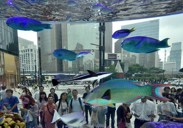 Visitors look at tropical fish transported from Japan's southern island of Okinawa displayed in a giant 14-ton fish tank at the Sony Square event space in Tokyo on July 17, 2016. The 45-day-long summer exhibition will be held through August 28 to display sea creatures common to the waters around Okinawa. / AFP PHOTO / KAZUHIRO NOGI