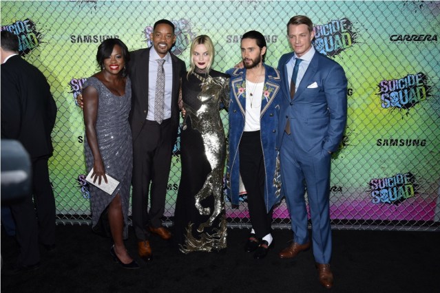 NEW YORK, NY - AUGUST 01: (L-R) Actors Viola Davis, Will Smith, Margot Robbie, Jared Leto and Joel Kinnaman attend the Suicide Squad premiere sponsored by Carrera at Beacon Theatre on August 1, 2016 in New York City. Bryan Bedder/Getty Images for Carrera/AFP