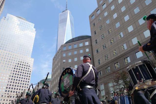 The New York Police Department holds a memorial procession in New York on September 9, 2016, in remembrance of the 9/11 attacks. The US is observing the 15th anniversary of the attacks in New York, Washington, DC, and Pennsylvania. / AFP PHOTO / William EDWARDS