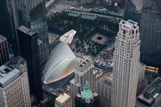 NEW YORK, NY - SEPTEMBER 8: An aerial view the Oculus Transportation Hub and the September 11 Memorial in Lower Manhattan, September 8, 2016 in New York City. New York City is preparing to mark the 15th anniversary of the September 11 terrorist attacks. Drew Angerer/Getty Images/AFP