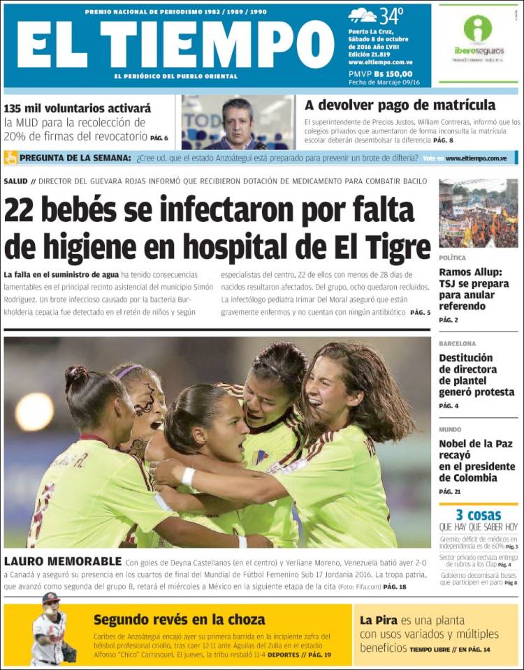 Portadas de este sábado 8 de octubre de 2016