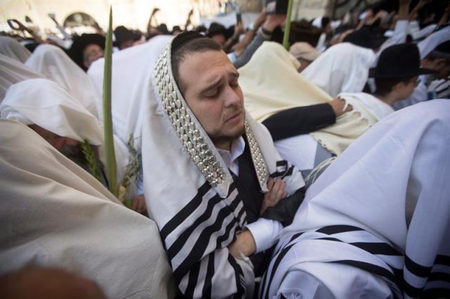 Miles de judíos ultraortodoxos rezan en el Muro de las Lamentaciones en Jerusalén, Israel, durante una de las celebraciones de la fiesta judía del "Sucot" (foto EFE / Abir Sultan)