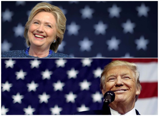 U.S. presidential nominees Hillary Clinton (top) and Donald Trump speak at campaign rallies in Cedar Rapids, Iowa, U.S. October 28, 2016 and Delaware, Ohio October 20, 2016 in a combination of file photos.   REUTERS/Brian Snyder/Jonathan Ernst/Files