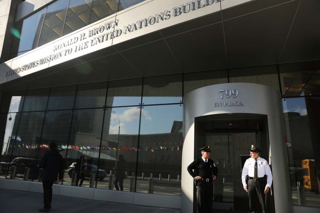 NEW YORK, NY - JANUARY 26: Security guards stand outside of the United States Mission to the United Nations on January 26, 2017 in New York City. President Donald Trump is preparing executive orders that would reduce US funding of the United Nations and other international organizations. The first order would cut funding for any U.N. agency or other international group that meets any specific criteria. Organizations and groups to receive cuts may include peacekeeping missions, the International Criminal Court and the United Nations Population Fund.   Spencer Platt/Getty Images/AFP