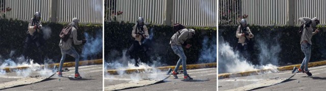 CAR118. CARACAS (VENEZUELA), 08/04/2017.- Combo de fotografías que muestra el momento en que un policía se enfrenta a un manifestante hoy, sábado 8 de abril de 2017, en Caracas (Venezuela). La Policía Nacional Bolivariana (PNB) de Venezuela impidió hoy nuevamente el paso de la manifestación opositora hacia la sede de la Defensoría del Pueblo, en el centro de Caracas, por lo que comenzaron los enfrentamientos con los manifestantes y el uso de gases lacrimógenos por parte de la PNB. EFE/Cristian Hernández