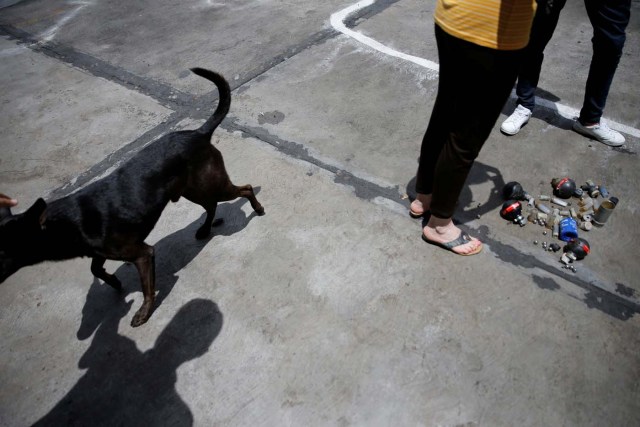 People and a dog stand near gathered debris, including tear gas grenades, tear gas cartridges, marbles and metal balls, where opposition supporters and security forces clashed in and outside a residential building on Tuesday according to residents, in Caracas, Venezuela June 14, 2017. REUTERS/Ivan Alvarado