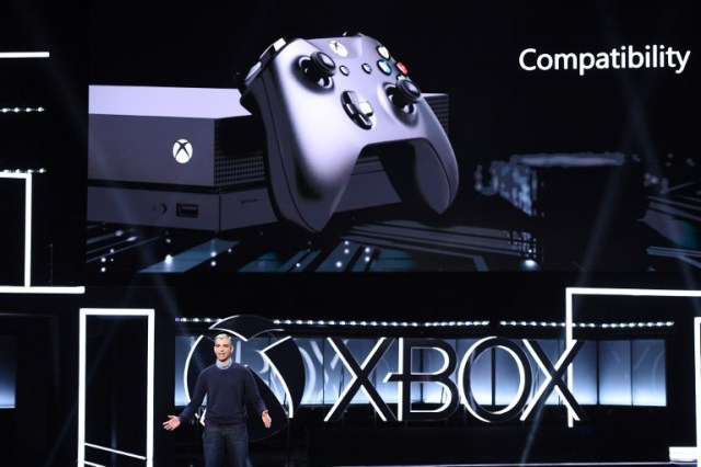 Kareem Choudhry introduces the new Xbox One X at the Microsoft Xbox E3 2017 Briefing, June 11, 2017 at the Galen Center in Los Angeles, California.   The Electronic Entertainment Expo (E3), which focuses on new products and technologies in electronic gaming systems and interactive entertainment, takes places June 13-15 at the Los Angeles Convention Center. / AFP PHOTO / Robyn BECK