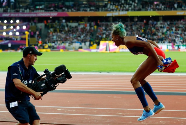 Athletics - World Athletics Championships - Women's Triple Jump Final – London Stadium, London, Britain - August 7, 2017. Yulimar Rojas of Venezuela celebrates winning gold. REUTERS/Phil Noble