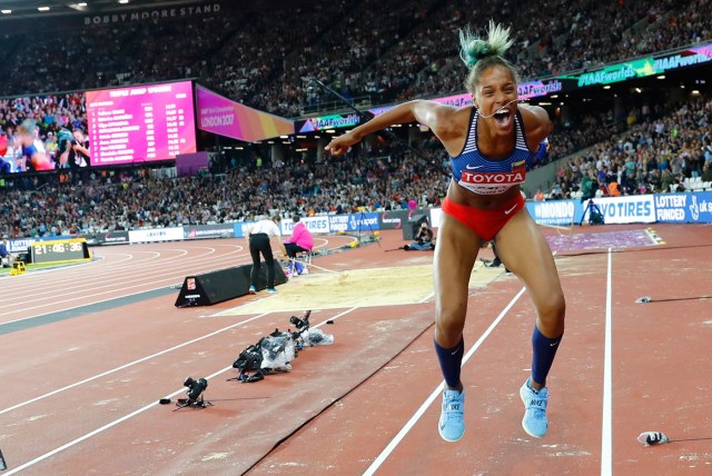 Athletics - World Athletics Championships – women’s triple jump final – London Stadium, London, Britain – August 7, 2017 – Yulimar Rojas of Venezuela reacts after winning the final. REUTERS/Kai Pfaffenbach