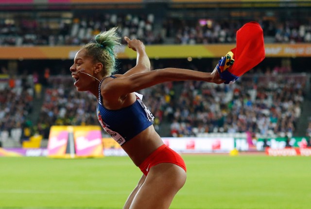 Athletics - World Athletics Championships - Women's Triple Jump Final – London Stadium, London, Britain - August 7, 2017. Yulimar Rojas of Venezuela celebrates winning gold. REUTERS/Phil Noble