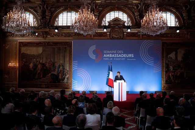 French President Emmanuel Macron addresses a speech during the annual gathering of French Ambassadors at the Elysee Palace in Paris, France, August 29, 2017. REUTERS/Yoan Valat/Pool