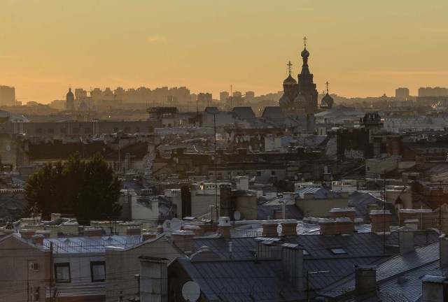 A picture taken on August 11, 2017 shows a view of the roofs of St. Petersburg. / AFP PHOTO / OLGA MALTSEVA