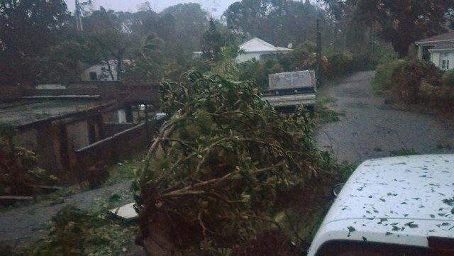 A picture taken on September 19, 2017 shows the powerful winds and rains of hurricane Maria battering the city of Petit-Bourg on the French overseas Caribbean island of Guadeloupe. Hurricane Maria strengthened into a "potentially catastrophic" Category Five storm as it barrelled into eastern Caribbean islands still reeling from Irma, forcing residents to evacuate in powerful winds and lashing rain. / AFP PHOTO / Cedrik-Isham Calvados /