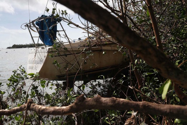 MIAMI, FL - SEPTEMBER 11: A boat is seen washed ashore at the Dinner Key marina after hurricane Irma passed through the area on September 11, 2017 in Miami, Florida. Florida took a direct hit from the Hurricane. Joe Raedle/Getty Images/AFP