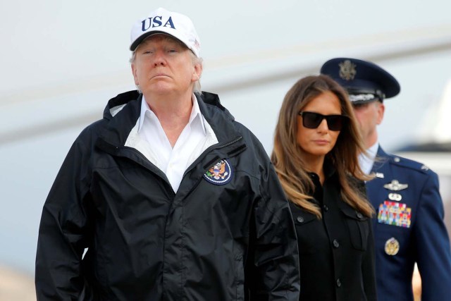U.S. President Donald Trump and First Lady Melania Trump board Air Force One for travel to view Hurricane Irma response efforts in Florida, from Joint Base Andrews, Maryland, U.S. September 14, 2017. REUTERS/Jonathan Ernst