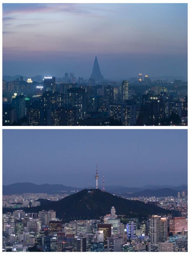 This combo of photos put together on October 3, 2017 shows the skyline of Pyongyang (top) on May 5, 2013 and the skyline of Seoul on July 9, 2015. North Korea suffers from perennial energy shortages, epitomised by satellite photos of the country at night, showing it as a largely dark quadrilateral between the bright lights of China and the South. / AFP PHOTO / Ed JONES / TO GO WITH NKorea-economy-electricity-politics,FOCUS by Sebastien BERGER