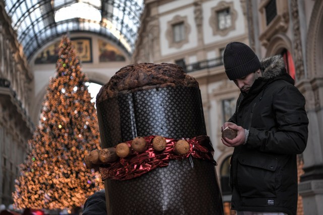 A baker decorates a giant "Panettone" on December 17, 2017 in the Vittorio Emanuele II gallery in Milan. The Panettone, a typical brioche of Christmas in the Lombardy region, is traditionally stuffed with raisins, candied fruits and citrus zest.  / AFP PHOTO / MARCO BERTORELLO