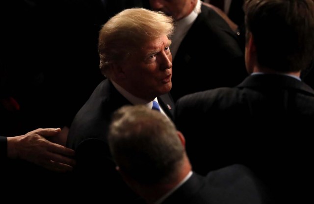 U.S. President Donald Trump departs after delivering his State of the Union address to a joint session of the U.S. Congress on Capitol Hill in Washington, U.S. January 30, 2018. REUTERS/Leah Millis