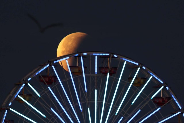 A lunar eclipse of a full "Blue Moon" is seen behind the ferris wheel on the Santa Monica Pier in Santa Monica, California, U.S., January 31, 2018. REUTERS/Lucy Nicholson