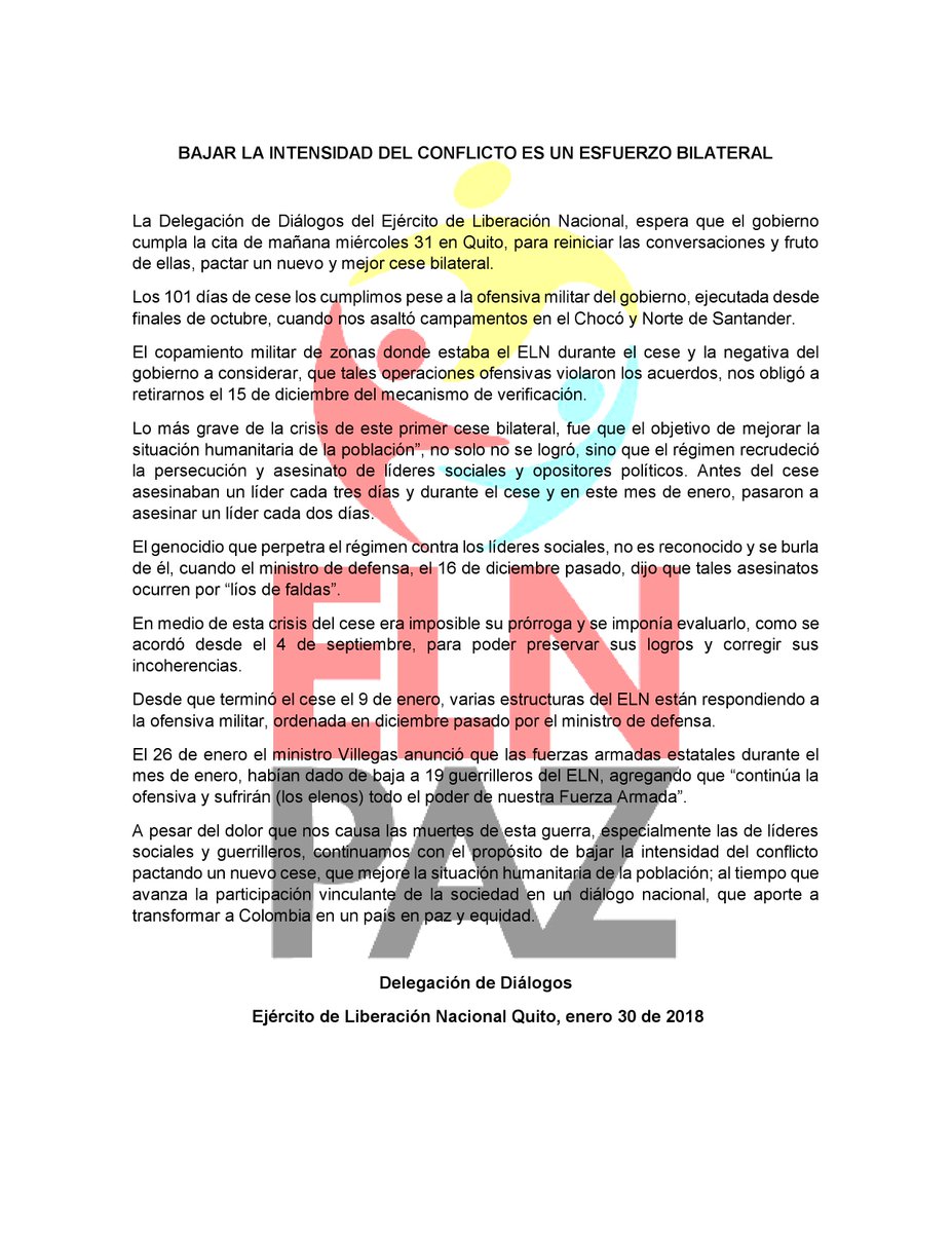 ELN dispuesto a pactar alto al fuego en Colombia tras suspensión de diálogos