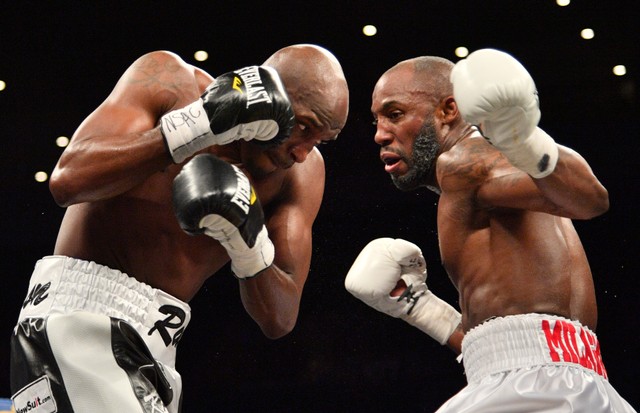 Feb 17, 2018; Las Vegas, NV, USA; Yordenis Ugas (white trunks) and Ray Robinson (black trunks) box during a boxing match at Mandalay Bay Events Center. Mandatory Credit: Joe Camporeale-USA TODAY Sports