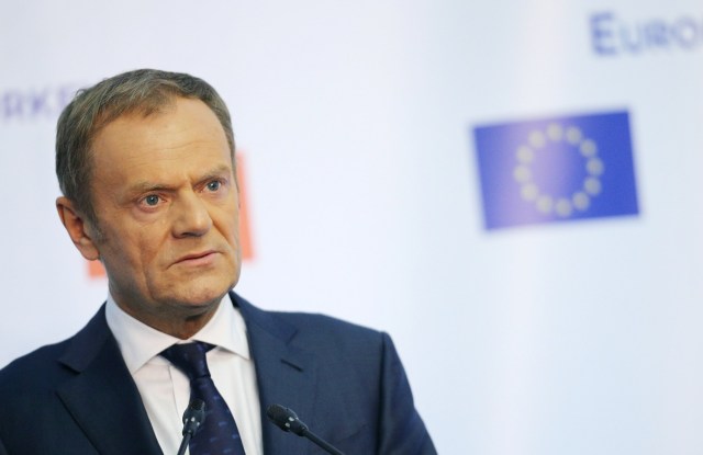 El presidente del Consejo Europeo, Donald Tusk, hace una declaración en la residencia de Euxinograd, cerca de Varna, Bulgaria el 26 de marzo de 2018. REUTERS / Stoyan Nenov