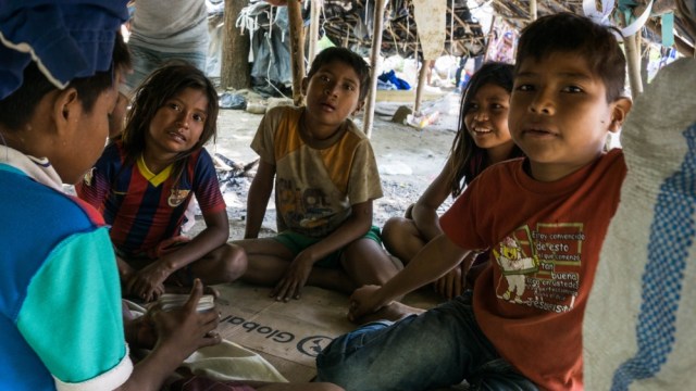 Un grupo de niños Yukpa juega a las cartas para pasar el tiempo en una de las tiendas improvisadas (Foto Bram Ebus / Al Jazeera)