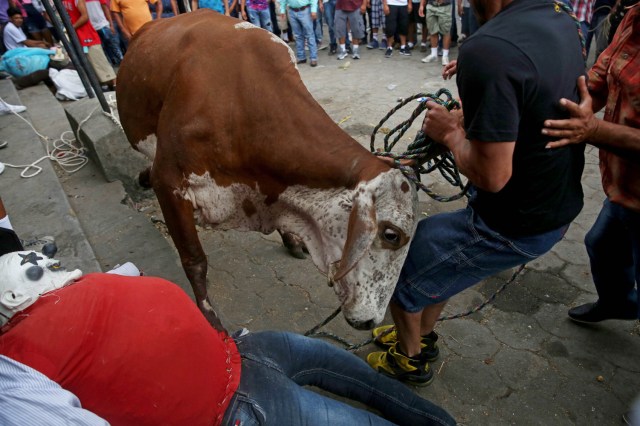 ACOMPAÑA CRÓNICA: GUATEMALA SEMANA SANTA GU6001. SACAPULAS (GUATEMALA), 31/03/2018.- Un toro embiste a un poblador hoy, sábado 31 de marzo 2018, durante la tradicional festividad de "Los Toros" en Sacapulas (Guatemala). "¡Ya llegó la hora de los toros!". Esta frase marca la señal de una tradición única en Guatemala en la que centenares de personas corren delante de un grupo de toros para quemar a su particular "Judas" de trapo y así extirpar las malas energías. EFE/Esteban Biba