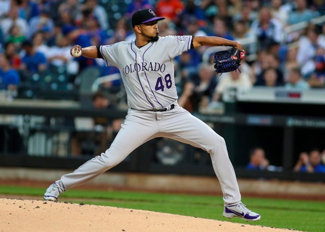 May 4, 2018; New York City, NY, USA; Colorado Rockies pitcher German Marquez (48) pitches in the first inning against the New York Mets at Citi Field. Mandatory Credit: Wendell Cruz-USA TODAY Sports