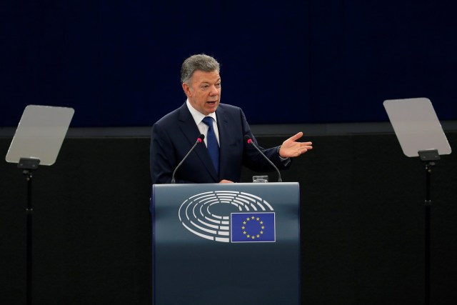 GRAF6888. MADRID, 14/05/2018.- El presidente de Colombia, Juan Manuel Santos, durante su intervención en el desayuno informativo del Fórum Europa, presentado por el expresidente Felipe González. EFE/ Emilio Naranjo