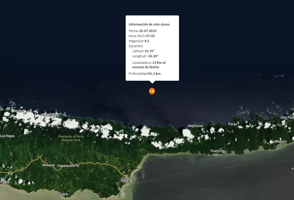 Registran sismo de magnitud 4.2 en Güiria