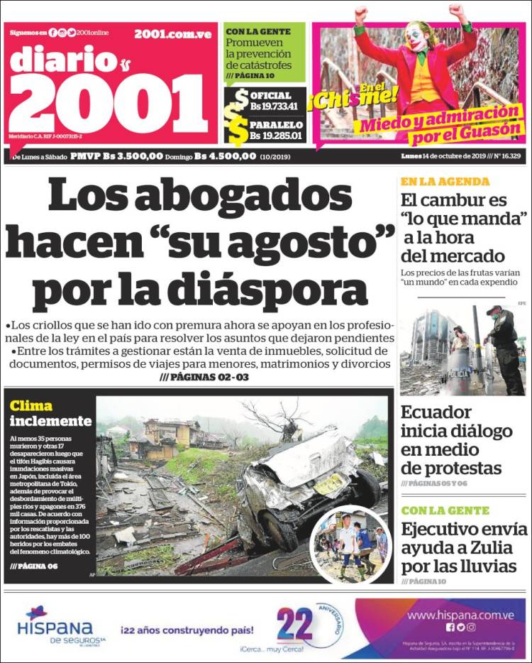 Portadas de este lunes 14 de octubre de 2019