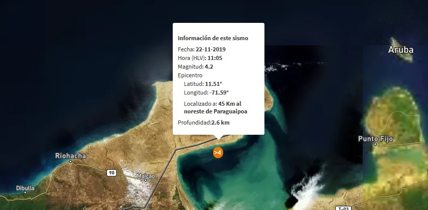 Sismo de magnitud 4.2 al noreste de Paraguaipoa