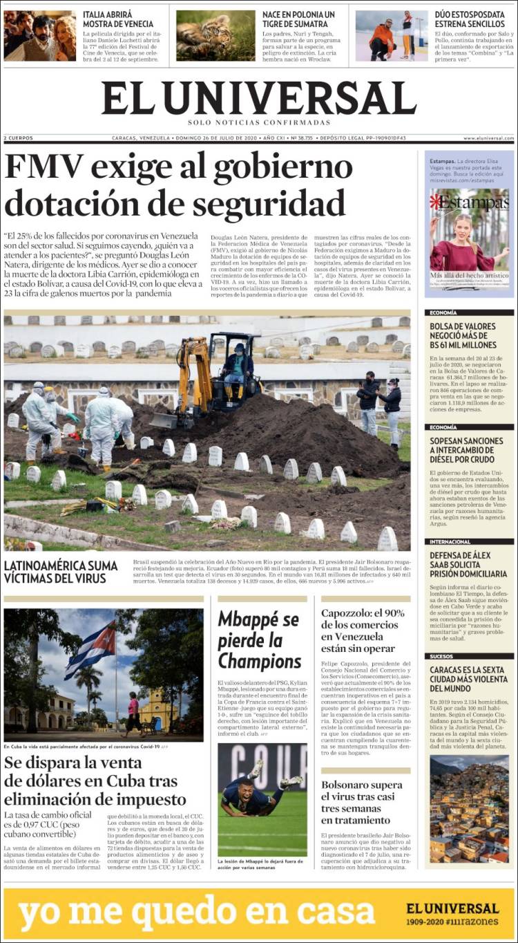 Portadas de este domingo 26 de julio de 2020