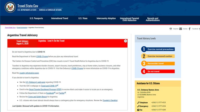 Estados Unidos puso en el nivel de alerta más alto los viajes con destino a Argentina
