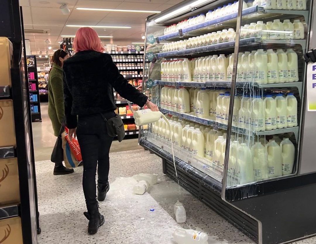 Activistas veganos derramaron leche en varios lugares del Reino Unido (Videos)