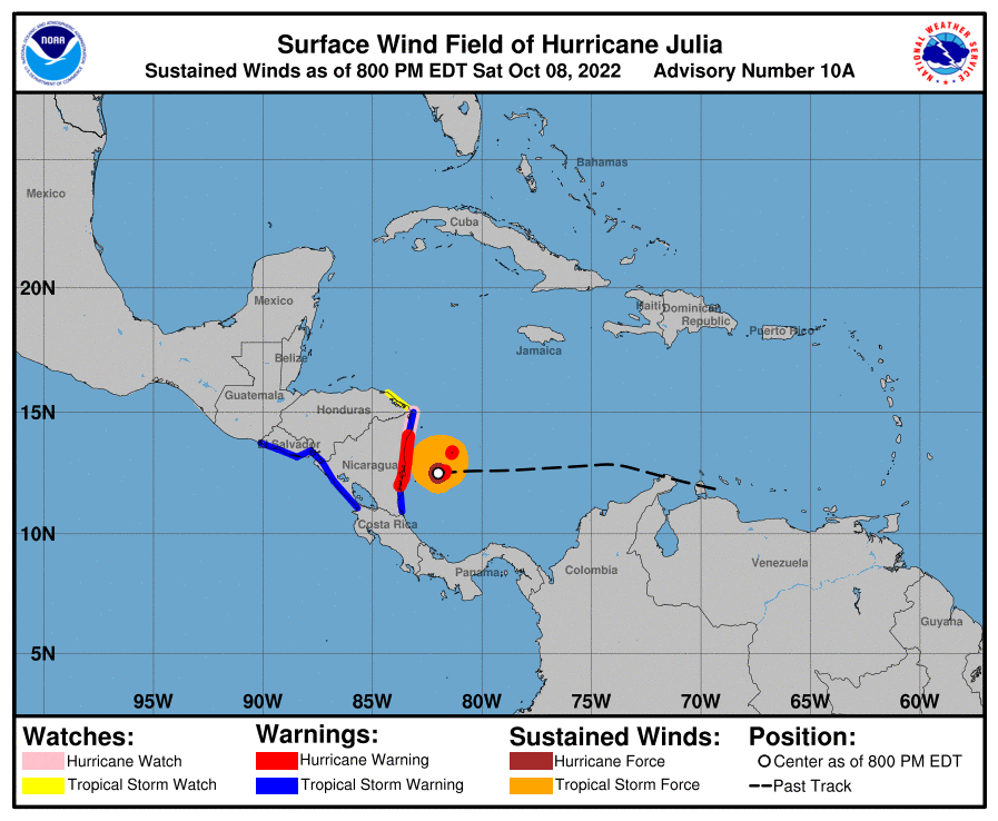 Julia se convirtió en huracán en su camino hacia las costas de Nicaragua