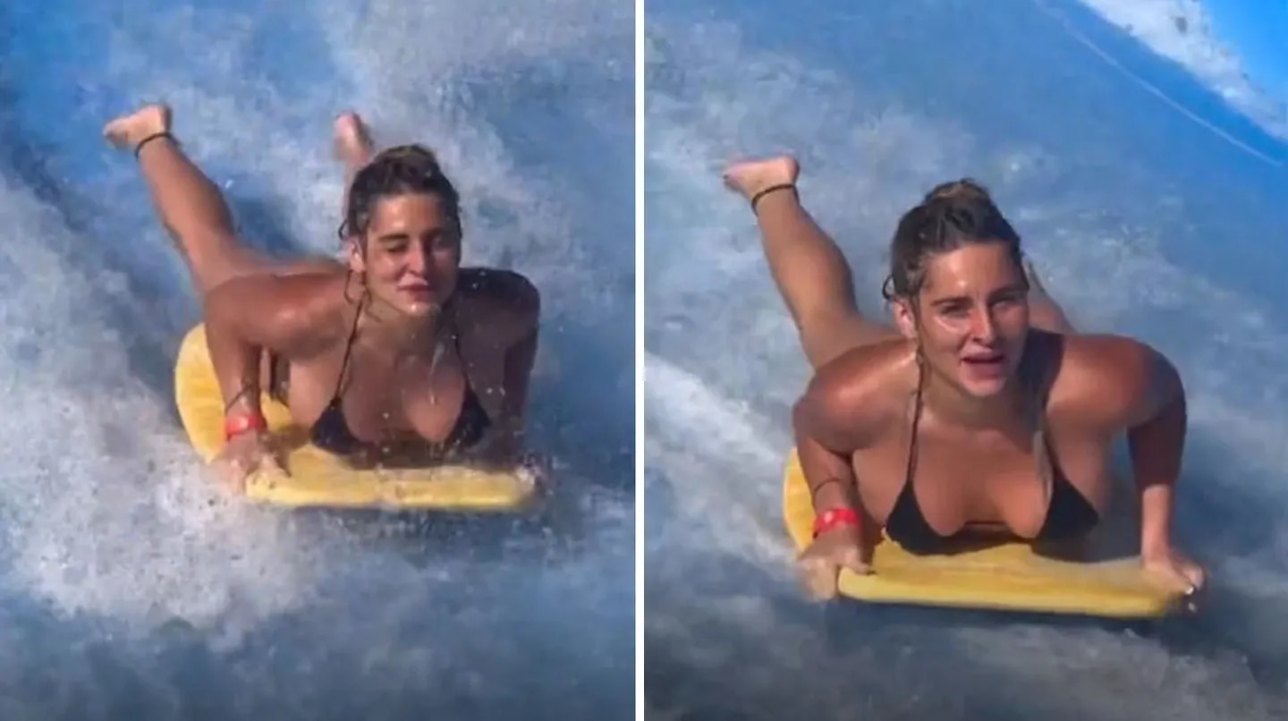 Modelo “riquiquita” se fue a surfear, se cayó de la tabla y sus lolas quedaron a la vista de todos (VIDEO)