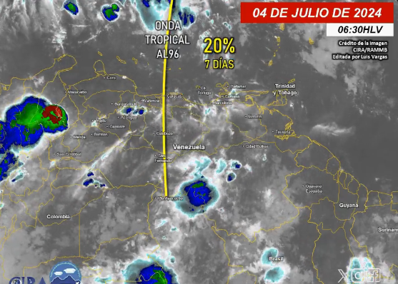 Onda tropical AL96 se ubica sobre el Caribe al norte de Venezuela este #4Jul